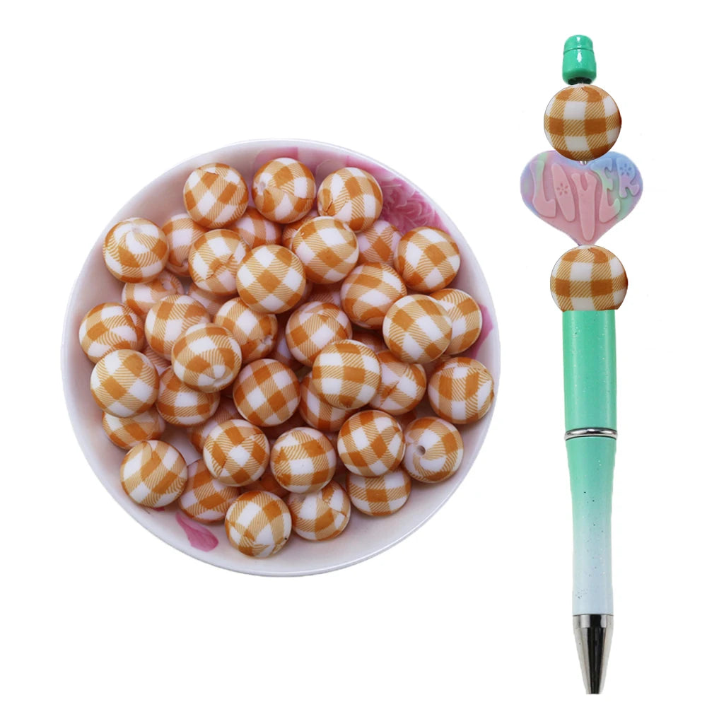 Easter New 15MM Food Grade Silicone Beads Gingham Yellow White Buffalo Plaid Printed Focal Print Pens Making SYBBeads Third