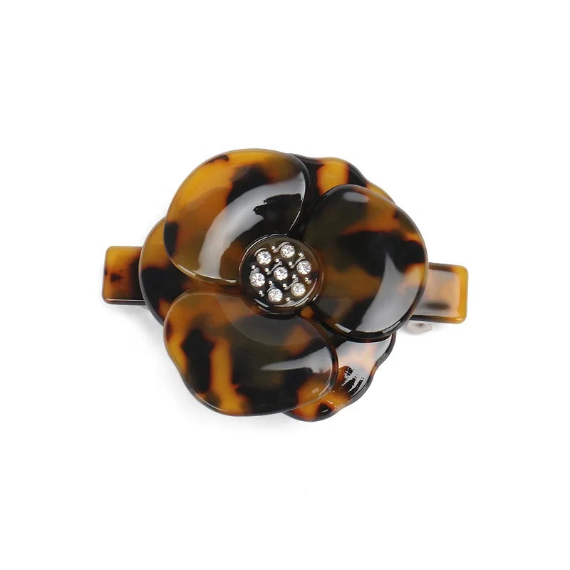 Beautiful Large and Small Size Camellia Cellulose Acetate Tortoiseshell White Rhinestone Girl Hair Barrette Clip
