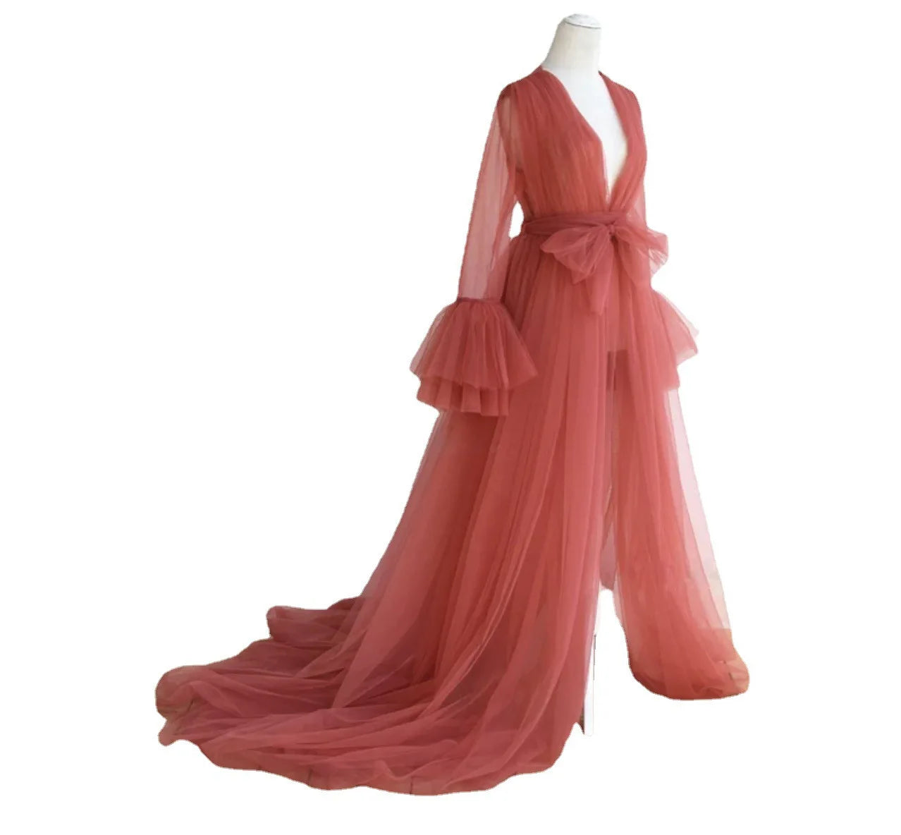 2024 European Long Sleeve Maternity Dresses With Tail Boho Illusion Prom Gown Maxi Dress Tulle Photoshoot Boudoir Lingerie