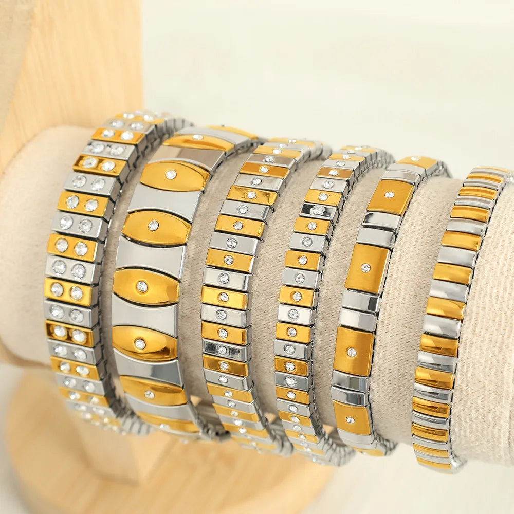 Stainless Steel Geometric Trendy Bangle Bracelet Unisex Gold Plated Rhinestone Micro Inset Elastic Wholesale