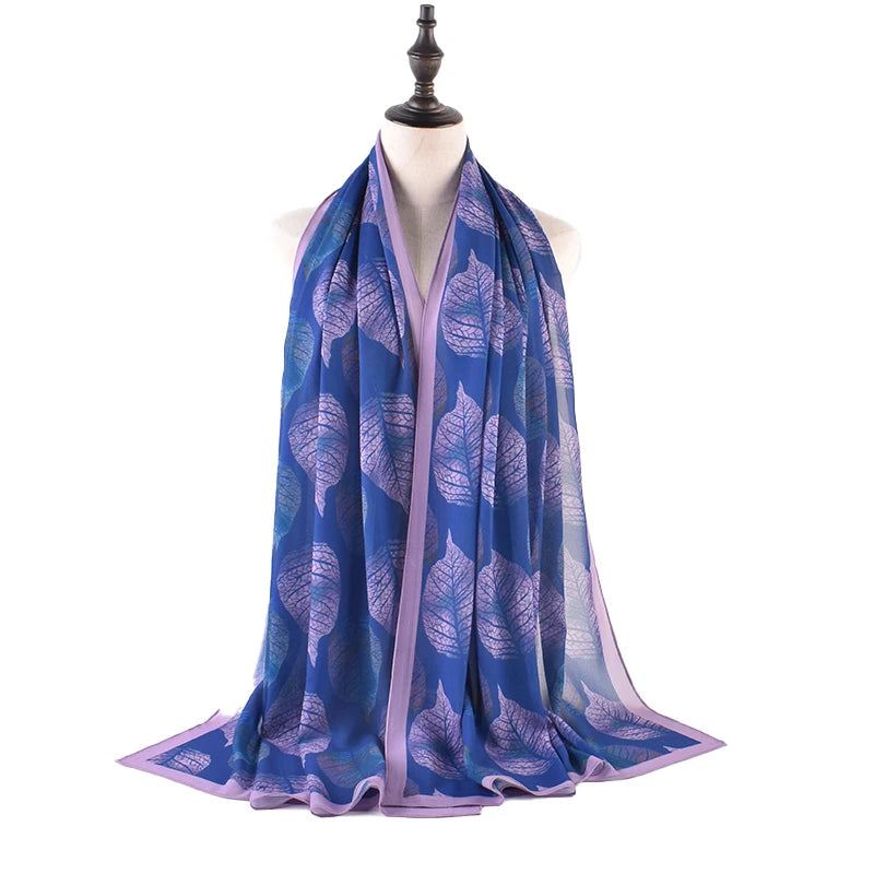 Scarf Customization 2025 New Pearl Chiffon Leaf Print Custom Printed Silk Chiffon Hijab Scarf Muslim Scarf Hijab