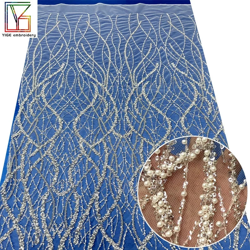 French Heavy Beaded Lace Fabric White Bridal Net Laces Dubai Pearl Bead Sequins Bridal Tulle Lace Fabric for Wedding Dress