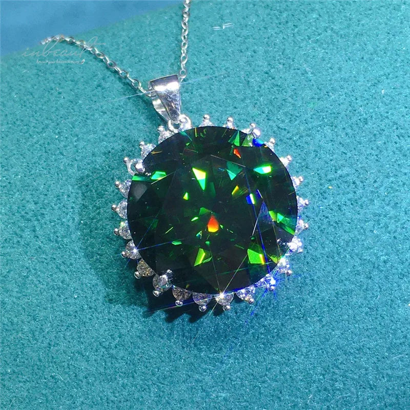 Silver 925 Original 13 Carat Brilliant Cut Diamond Test Past Green Moissanite Pendant Necklace for Women Wedding Fine Jewelry