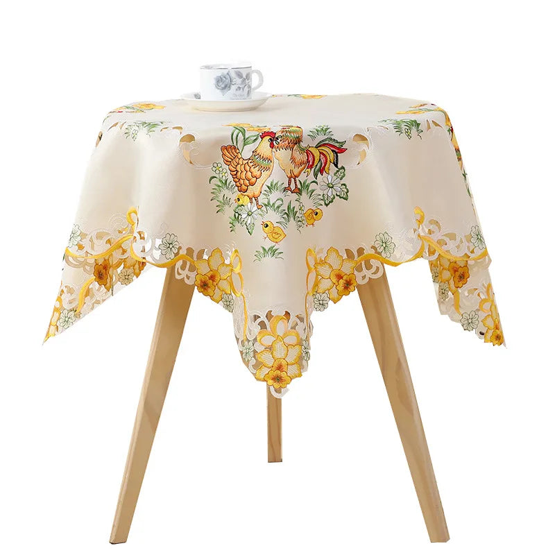 Luxury Satin Lace Chicken Easter Embroidered Table Cover Cloth Towel Kitchen Table Cloth Party Birthday Decor
