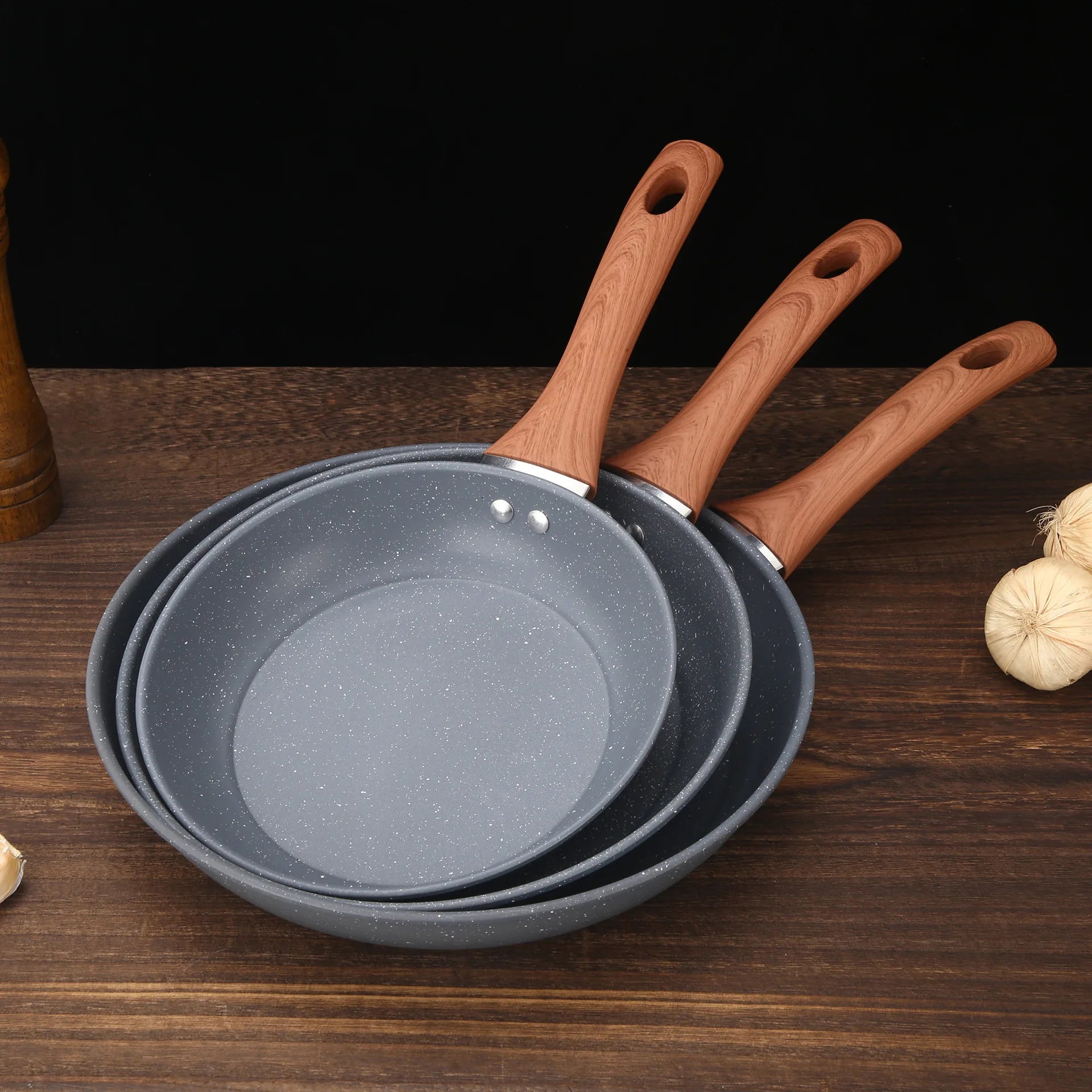 Maifan Stone 3-Piece Non-Stick Cookware Set - Wooden Handle Skillet for Eggs Healthy Kitchen Gift Bundle