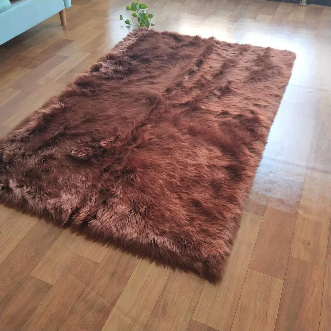 Soft Faux Sheepskin Fur Area Rug Artificial Fur Carpet for Living Room Bed Room Decoration Brown 4x6ft