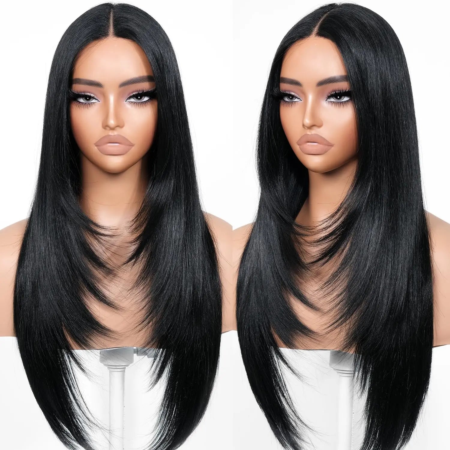 X-TRESS Glueless T Part Lace Front Wigs Pre Plucked Wear and Go Long Layered Straight Synthetic Wig Natural Black for Beginners