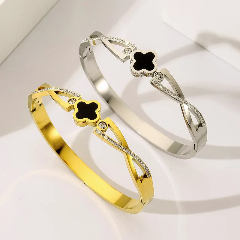 Nabest Stainless Steel Geometric Rhinestone Bangles Jewelry 18K Gold Plated Women Four Leaf Clover Bracelet and Bangle