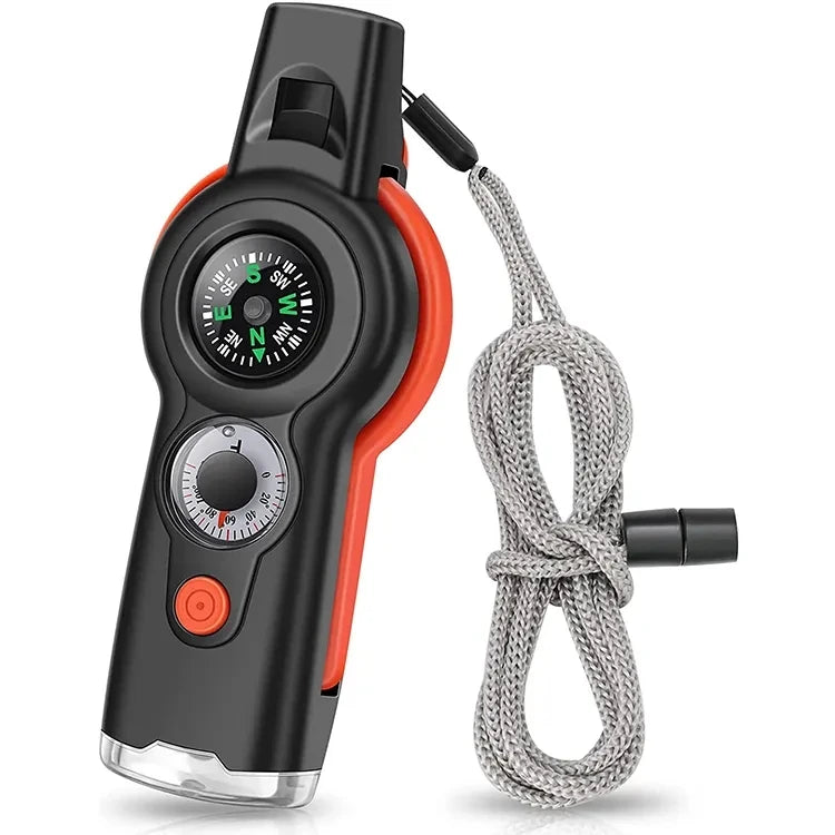 7 In1 Emergency Survival Whistle Outdoor Multifunctional Tool Safety Whistle with Lanyard Ideal for Hiking Camping Signaling