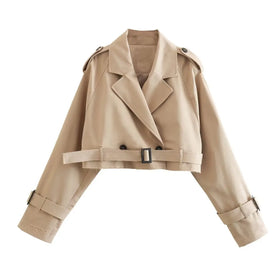 Spring and Autumn New Women's Thin European American Style Belt Long Sleeve Short Casual Trench Coat with Button Nylon Lining