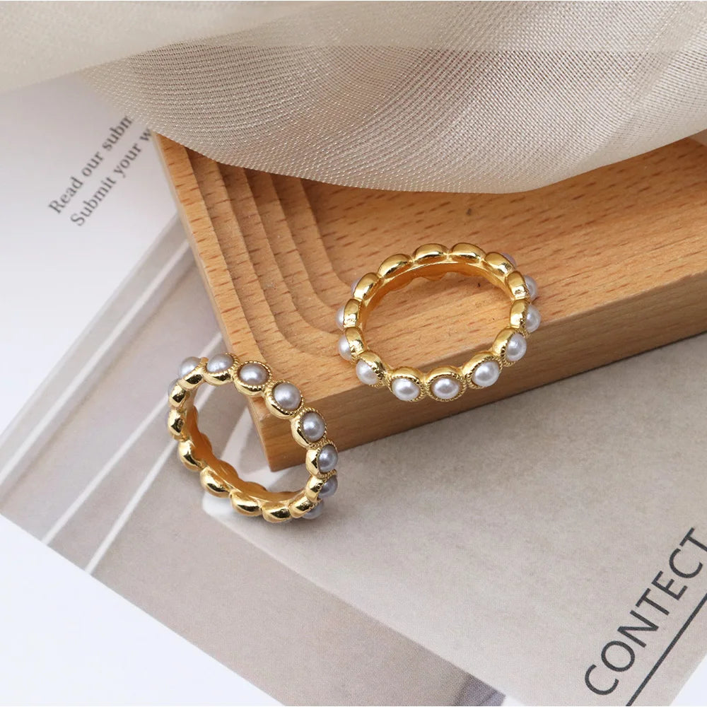 Chris April 18k Gold Plated Waterproof Non Tarnish Jewelry 316L Stainless Steel Pearls Beads Ring