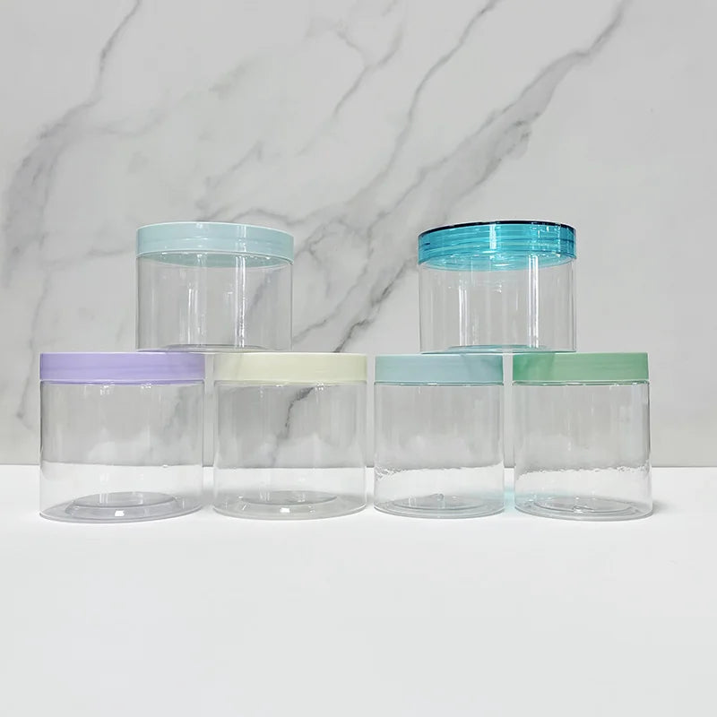 Stock Clear Transparent 200ml 8oz 250ml Food Grade Cake PET Jar Body Butter Scrub Plastic Cosmetic Cream Jar With Colored Lid