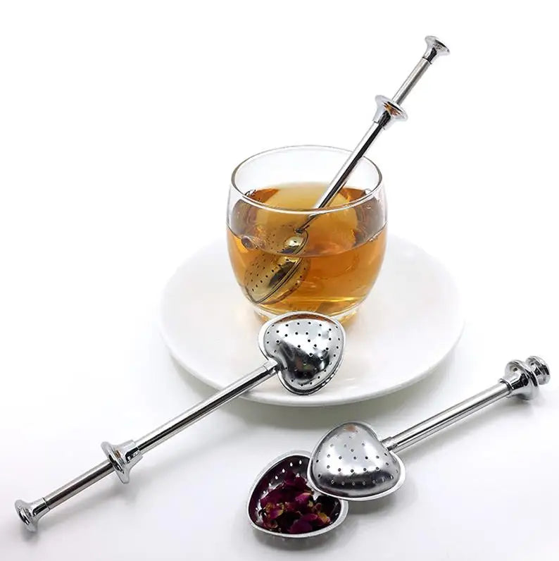 Portable 304 Stainless Steel Heart Shaped Mesh Filter Tea Infuser Long Pushing Handle for Loose Leaf Tea Straining