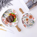Eco-Friendly Flower Pattern Oval Shape Porcelain Dinner Plate with Wooden Handle Serving Dish for Beef