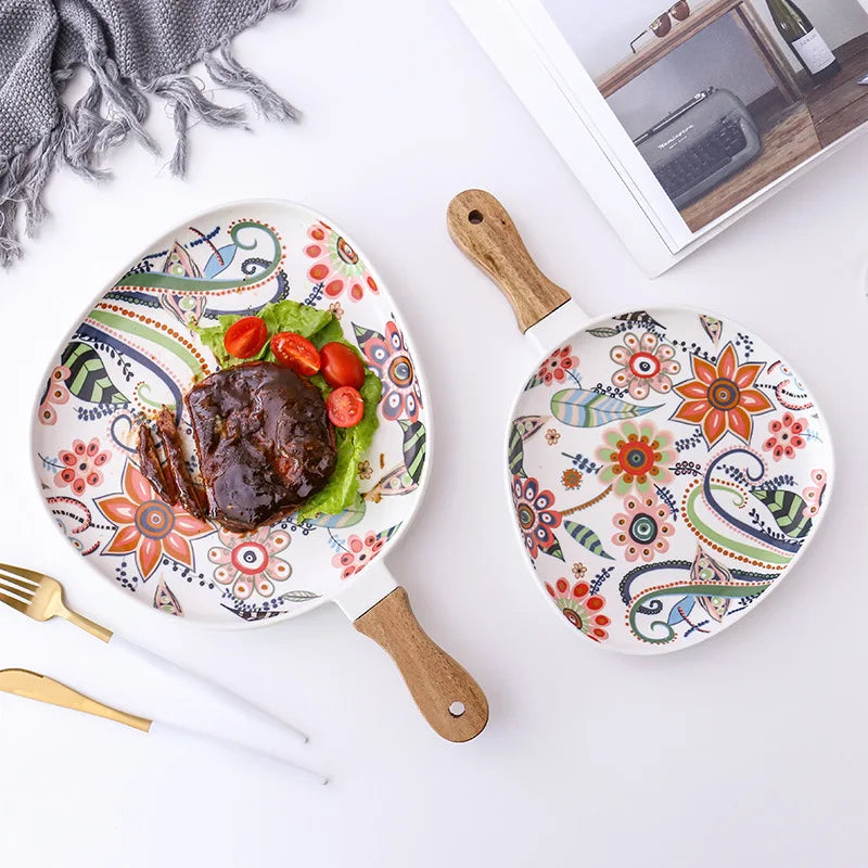 Eco-Friendly Flower Pattern Oval Shape Porcelain Dinner Plate with Wooden Handle Serving Dish for Beef