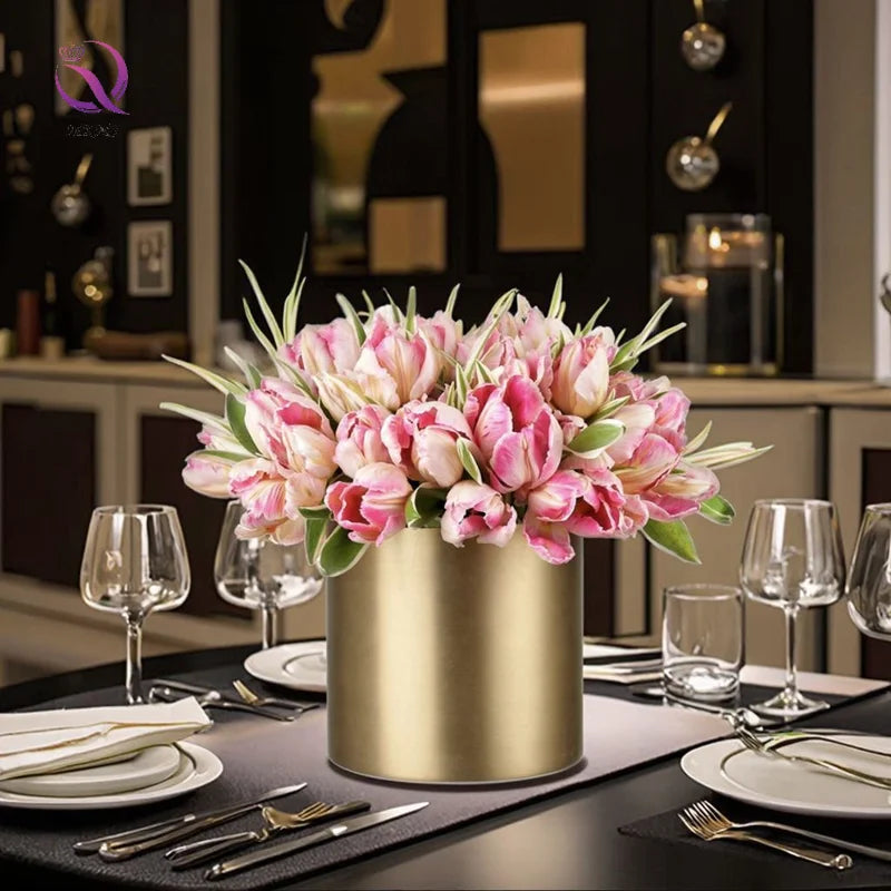 Modern Gold Metal Cylinder Vase With Luxury Ins Design Creative Lighting for Home Office Wedding or Party Decor