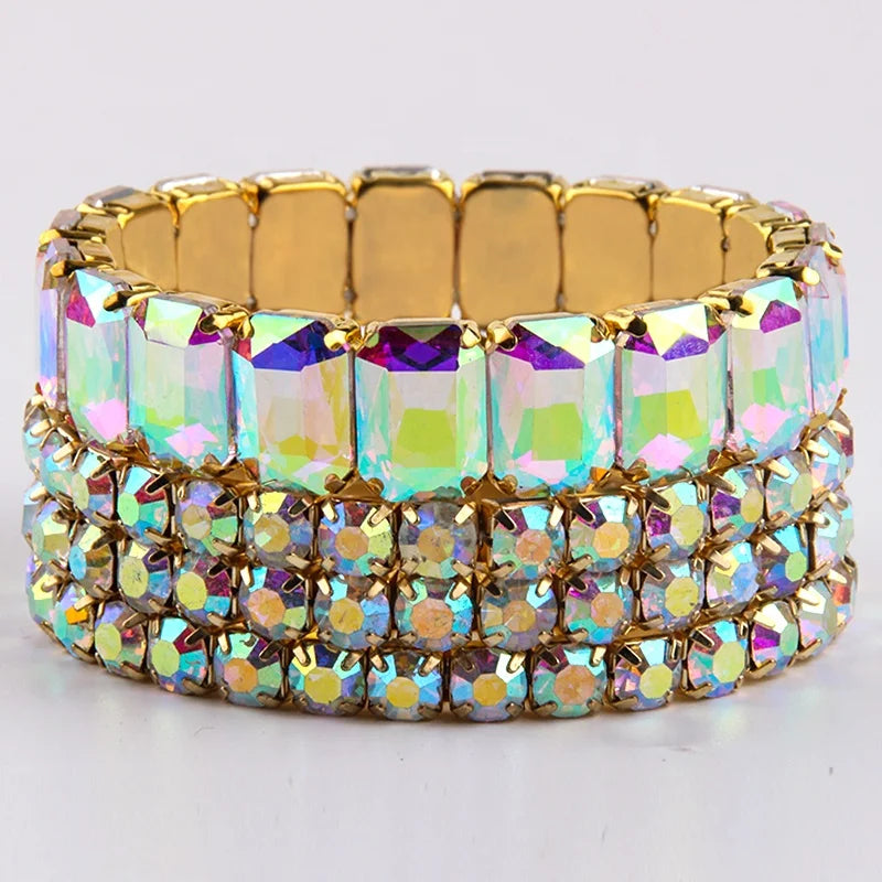 Fashion Boho Women Bohemia Tennis Glitter Bracelet Jewelry 4 Pcs Strand Mixed Colorful Crystal Glass Elastic Stack Bracelets Set