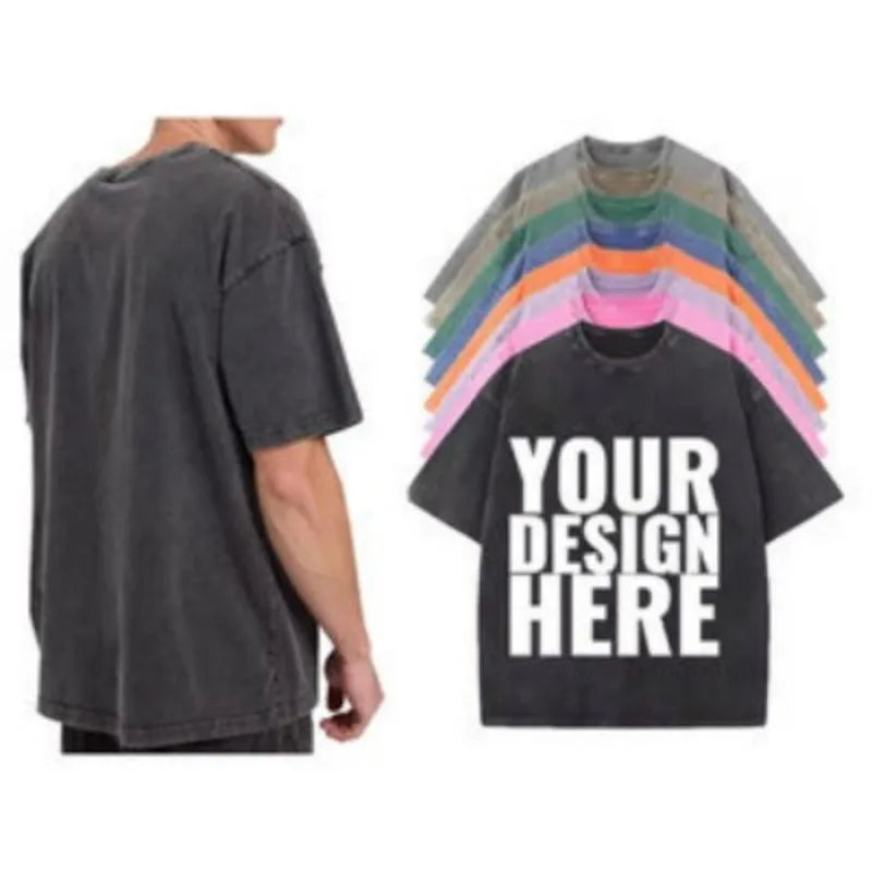 Neck Pullover Vintage Hoodie  Custom 100%Cotton 230G Heavy Acid Washed Vintage Streetwear Short Sleeve Oversize Tshirt for Men