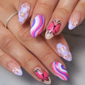 Full Cover Short Artificial Fingernails Almond Stiletto Fake Nail False Nails Press on Nails with butterfly