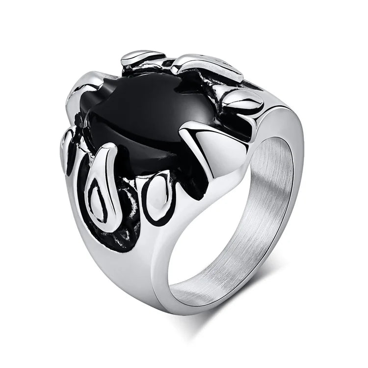Fashion Fine Stainless Steel Geometric Black Glass Bead Dragon Claw Hoop Finger Rings