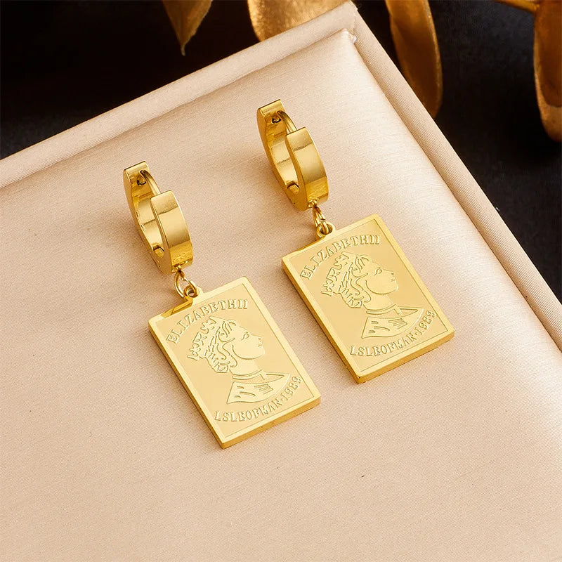Fashion Dainty Tarnish Free 18k Gold Plated Stainless Steel Square Queen Elizabeth Portrait Drop Earrings for Women