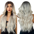 Large Inventory Long Brown Gray Ombre Platinum Synthetic Wig Middle Part Natural Water Wave Wigs for Women Afro