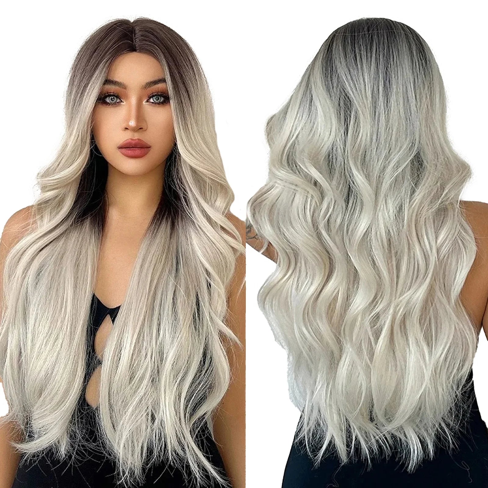 Large Inventory Long Brown Gray Ombre Platinum Synthetic Wig Middle Part Natural Water Wave Wigs for Women Afro