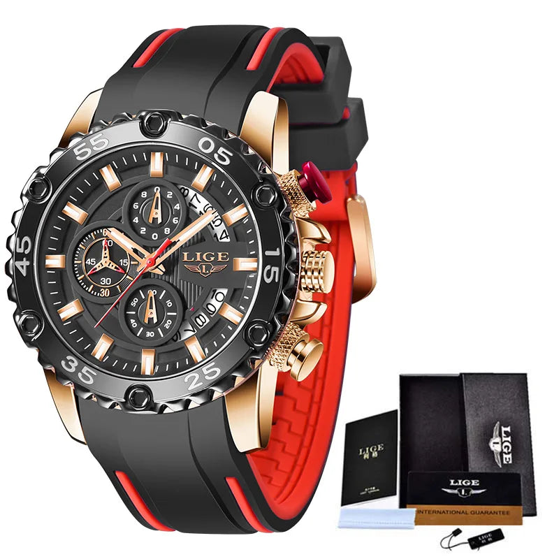 LIGE LG10027 Chronograph Watch Man Analog Quartz Big Face Silicone Male Watches Luxury Waterproof 3 Eye Relojes Para Hombre