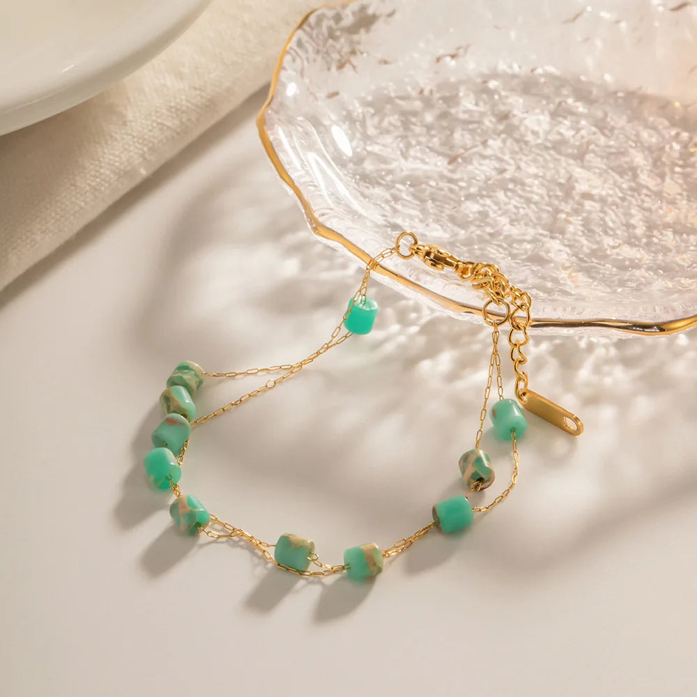 2023 Aretas Bohomia Jewelry Double Layered Chain Bracelet Women Square Stone Bead 18k Gold Plated Blue Green Stone Bracelet