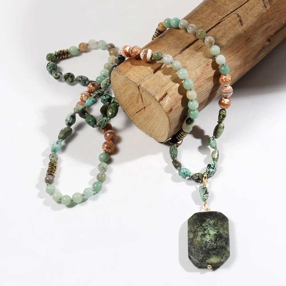 Fashion Bohemian Women's Customized Jewelry Natural Stone Gravel Hematite Knot Octagonal Gemstone Pendant Statement Necklace