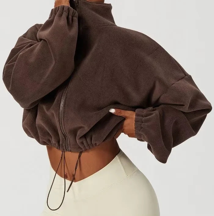 Stand Collar Fleece Jacket Ladies Warm Cropped Blank Hoodies With Zipper Fashion Hoodies and Sweatshirts for Women