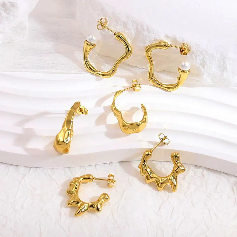 Fashion Personality Exaggerated Irregular Earrings Geometric Curved C Shape 18K Gold Plated Circle Hoop Pearl Stud Earrings