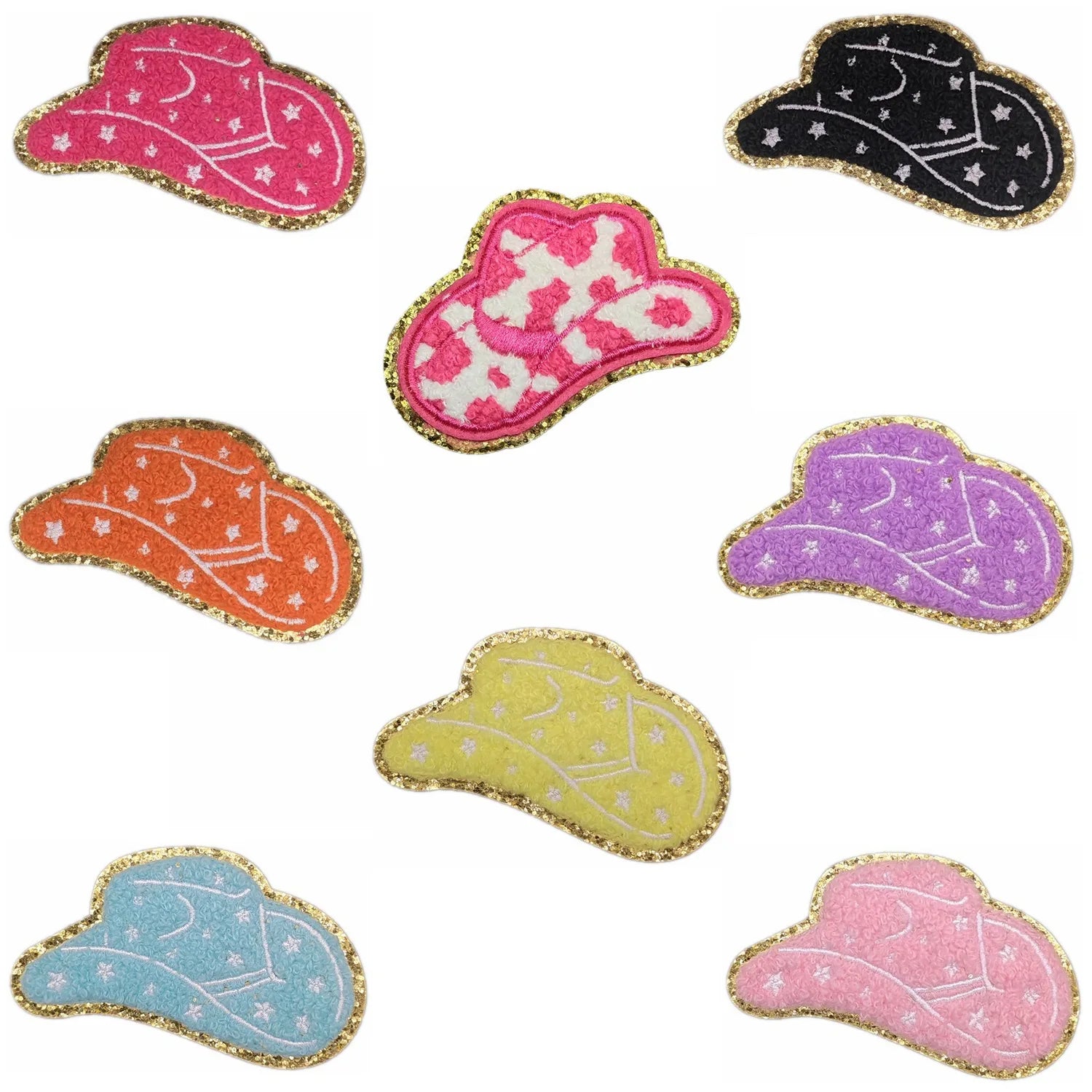 Custom Made Colorful Gold Glitter Edge Iron on Embroidered Chenille Hat Patches for Jerseys Hoodie