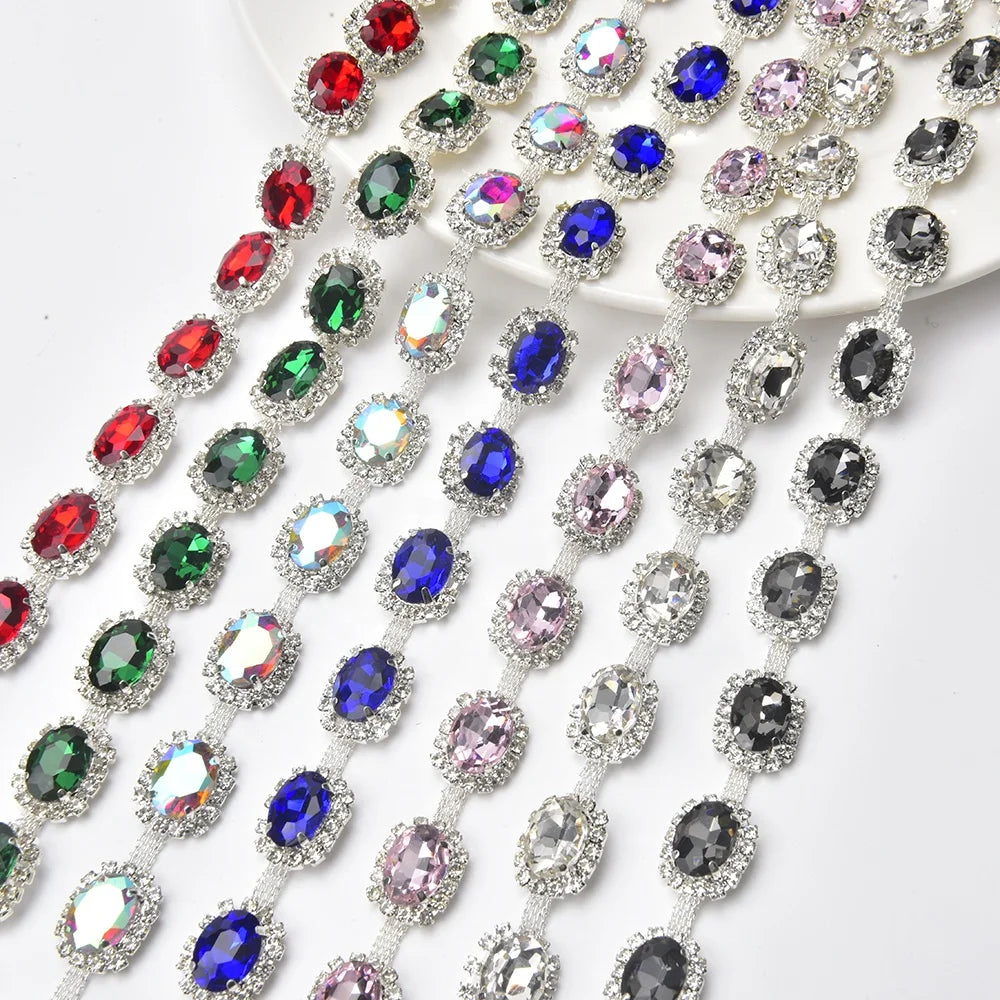 Luxury Large Glass Oval Rhinestone Diamond Trim Sew on Crystal Silver Metal Cup Chain DIY Dress Belt Garment Jewelry Making