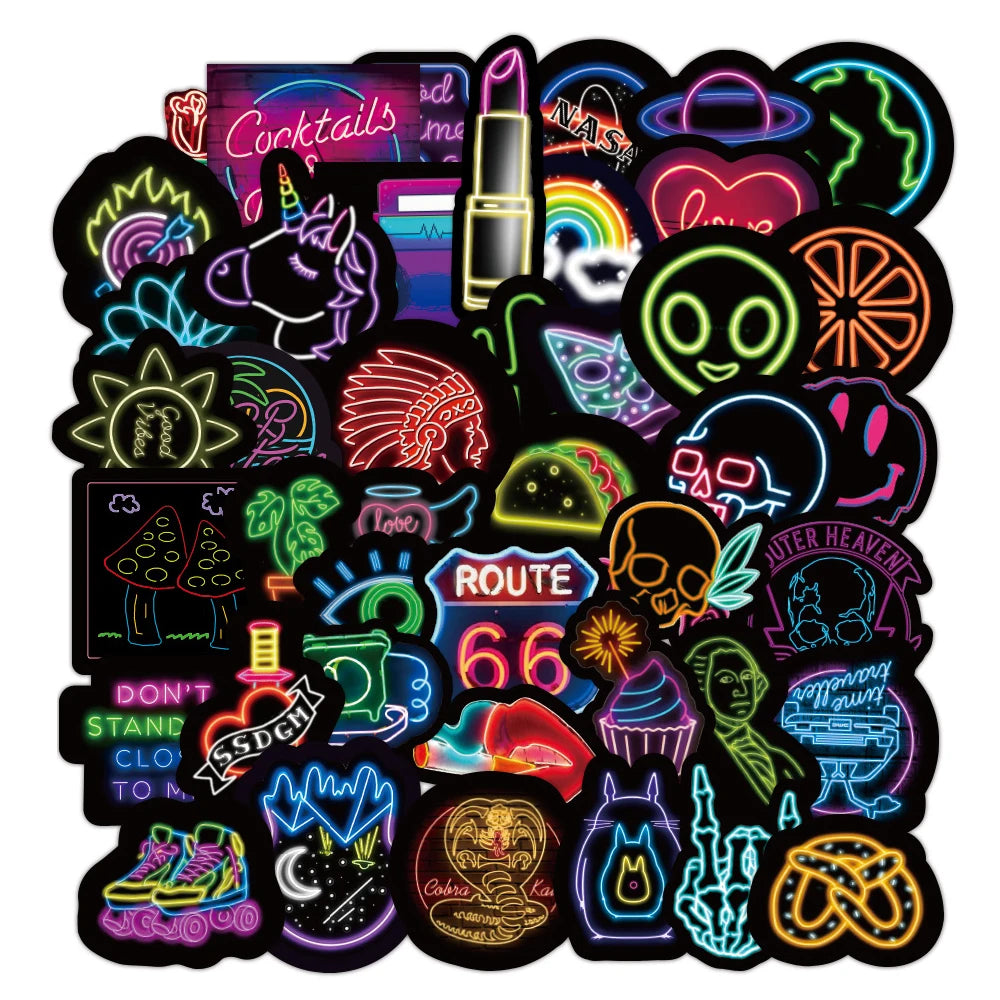 50Pcs Fashion Neon Lights VSCO Logo Decorative Stickers for Notebook Laptop Waterproof Vinyl Black Decor Sticker