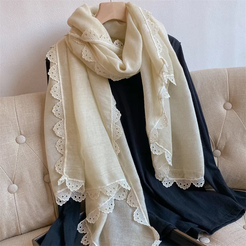 Newest Arrival Fashion Solid Color Soft Viscose Shawls Women 180*95cm Elegant Plain Crochet Sulam Lace Trim Cotton Scarf Shawls