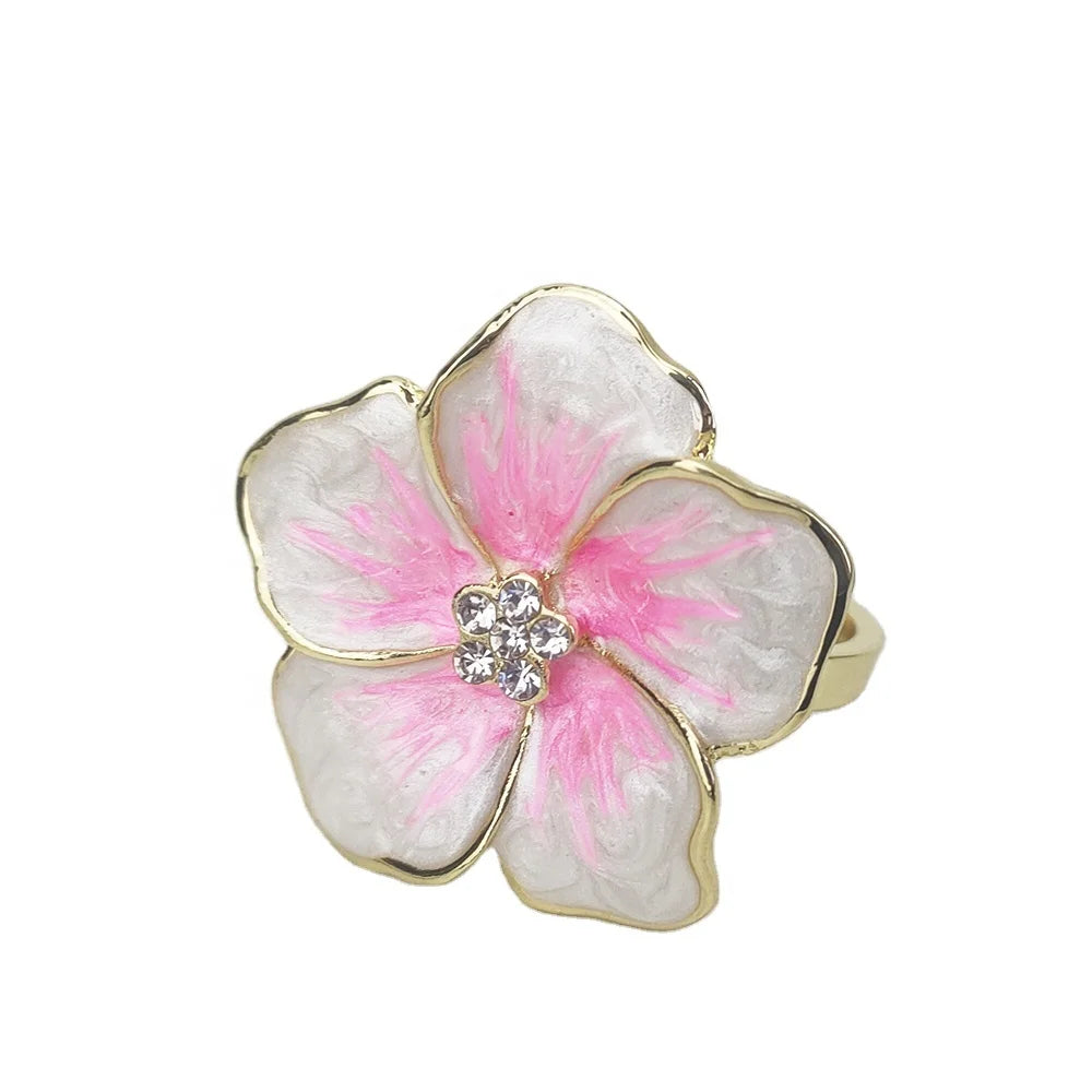 Decorative Enamel Flower Napkin Ring-Eco-Friendly Metal Party Accessories with Pearl & Rhinestone