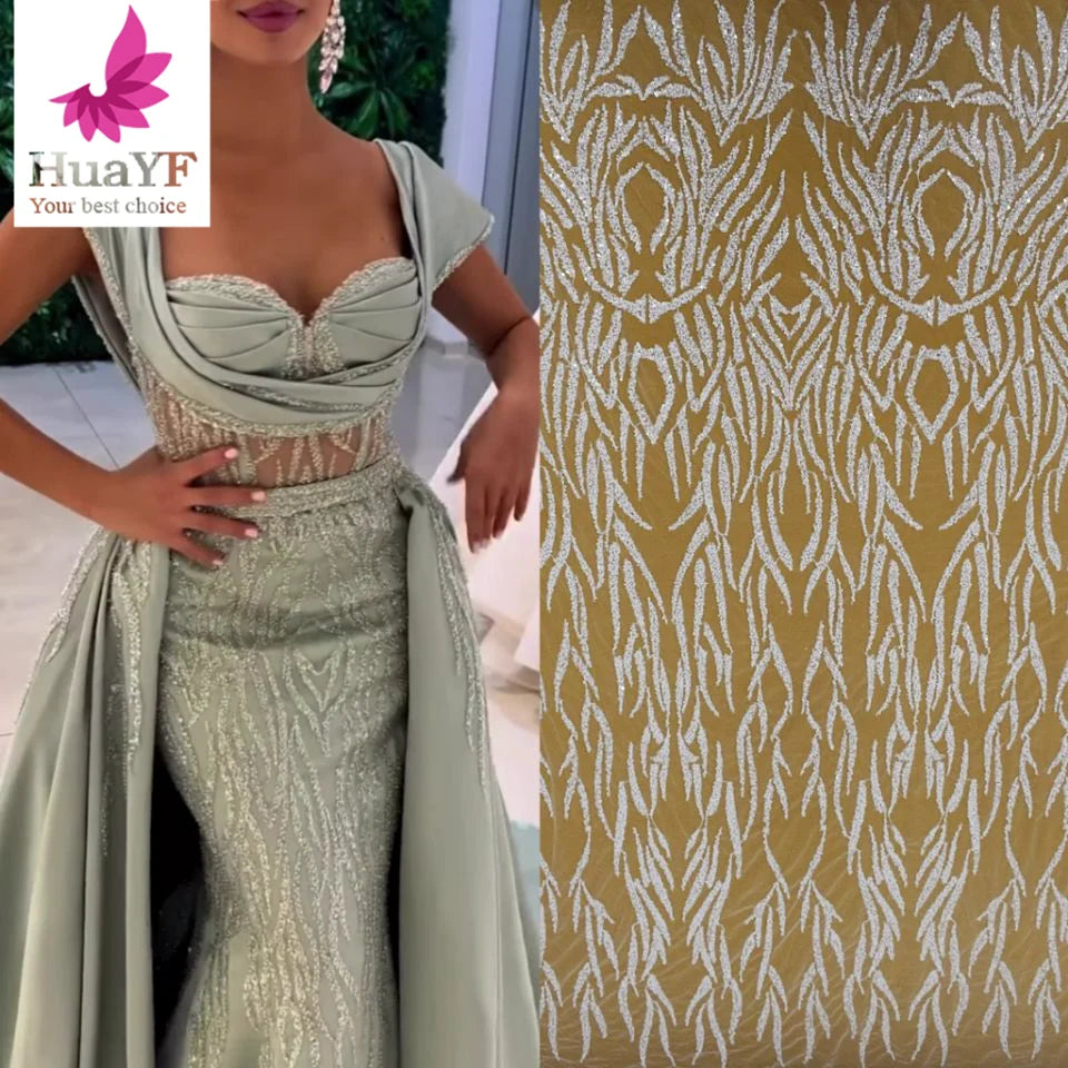 Best Selling Hot White French Beaded Sequins Lace Fabric Wedding Bridal Dress Fabric Wholesale for 5 Yards HY1987