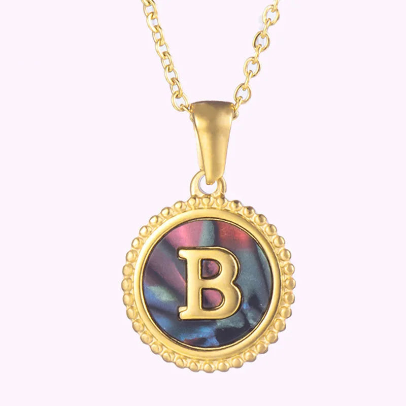 Natural Sea Shell Initial A-Z Letter Necklace Gold Plated Stainless Steel Round Abalone Shell Alphabet Pendant Necklace