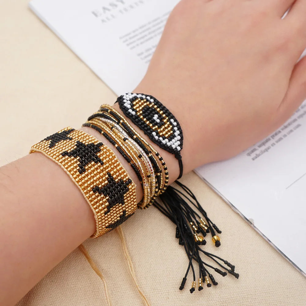 Boho Ethnic Style Multi-layer Beaded Miyuki Seed Bead Weaving Eye Star Beaded Bracelet Set for Women Men