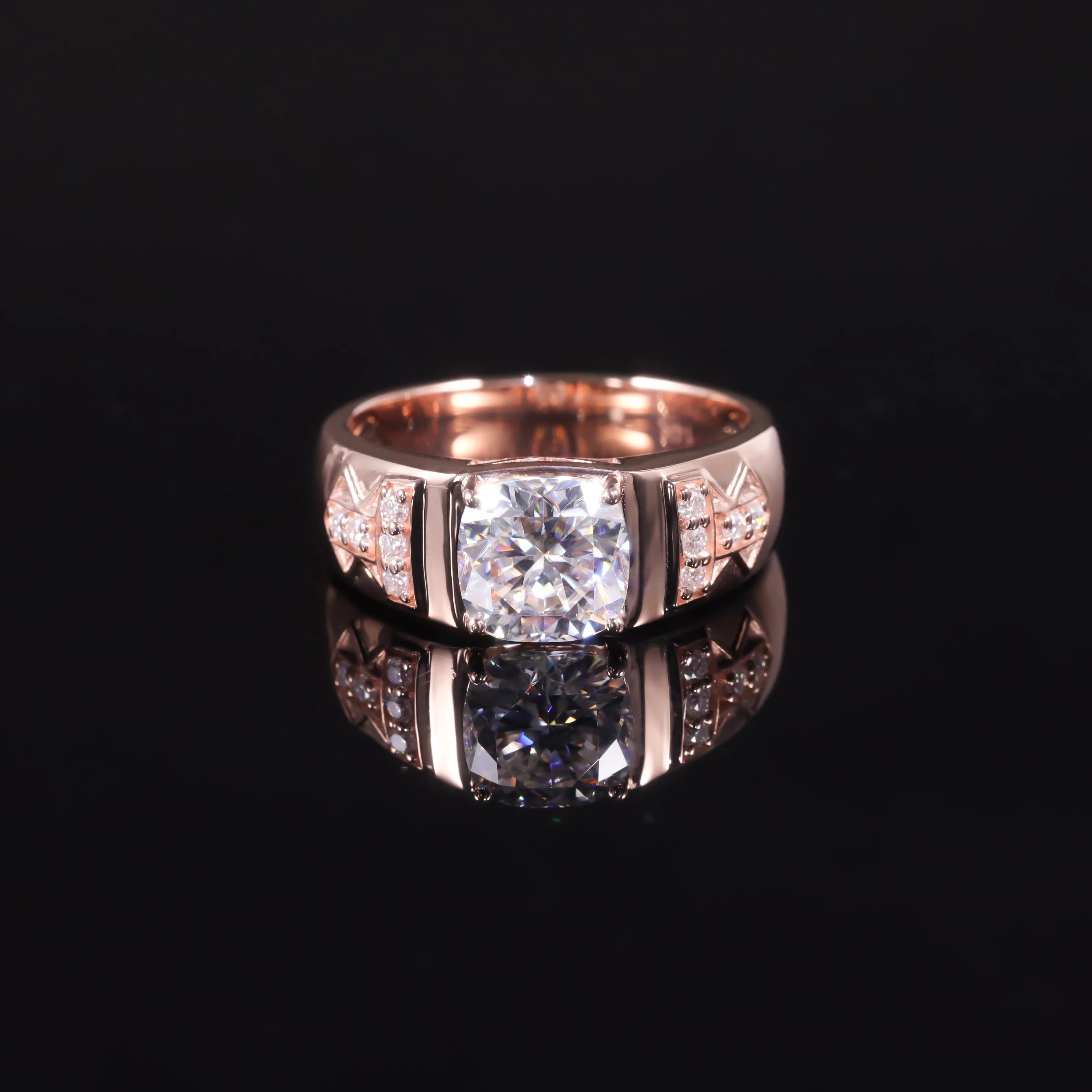 Abiding Premium 14K Rose Gold Wide Shank Cushion Cut 8x8mm VVS D Moissanite Pass Diamond Test Gold Men Ring with GRA Certificate