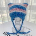 Long Hair Faux Mink Fur Stripe Multi Color Cat Kitty Beanie Hat with Tassels Strings Custom Logo Beach Travel Unisex Adults