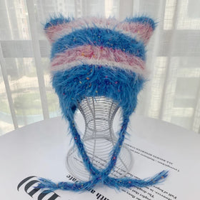 Long Hair Faux Mink Fur Stripe Multi Color Cat Kitty Beanie Hat with Tassels Strings Custom Logo Beach Travel Unisex Adults