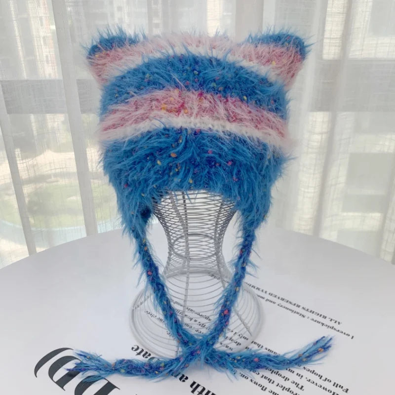 Long Hair Faux Mink Fur Stripe Multi Color Cat Kitty Beanie Hat with Tassels Strings Custom Logo Beach Travel Unisex Adults