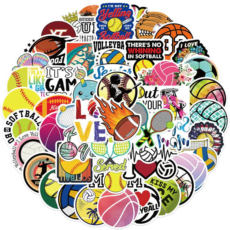 50Pcs Mixed Sports Balls StickersFootball Stickers Basketball Baseball Volleyball Soccer Ball Themed Party Decorations for Game