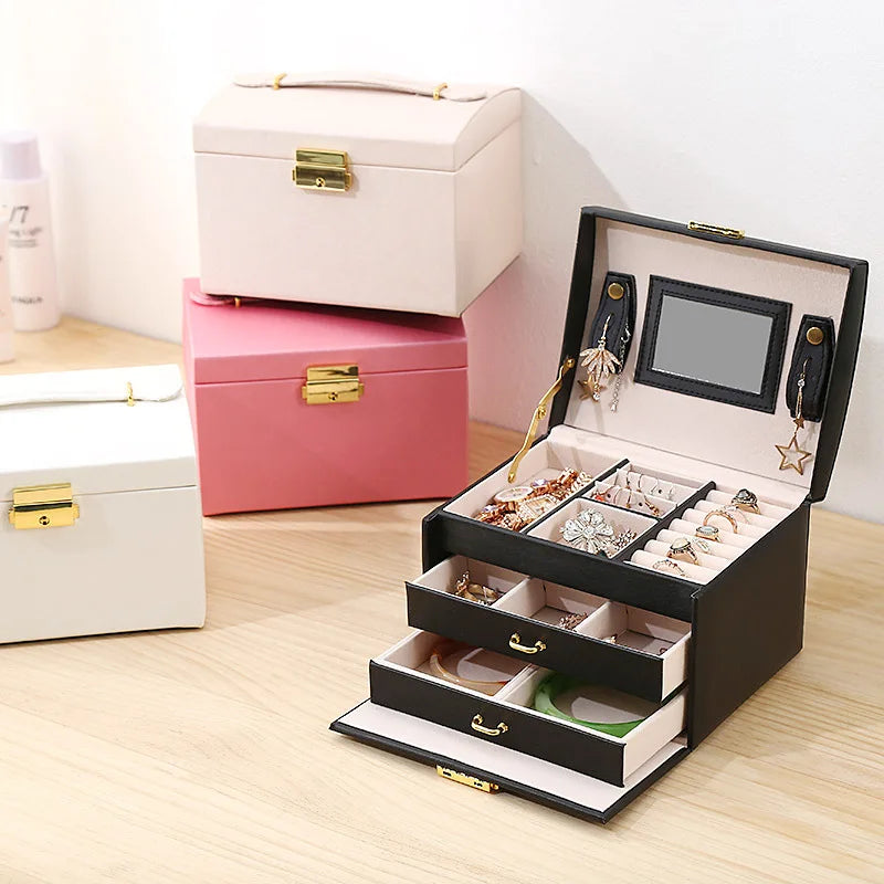Three-layer Popular Pu Leather Jewelry Box Double Drawer Jewelry Organizer Princess Jewelry Storage Box Wholesale