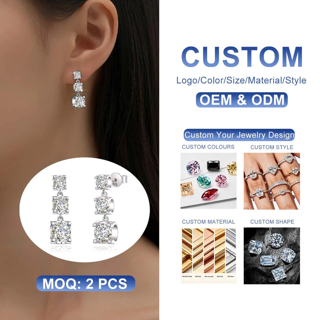 High Jewellery 925 Sterling Silver 3 Stone Round Moissanite Diamond Square Long Fine Earrings