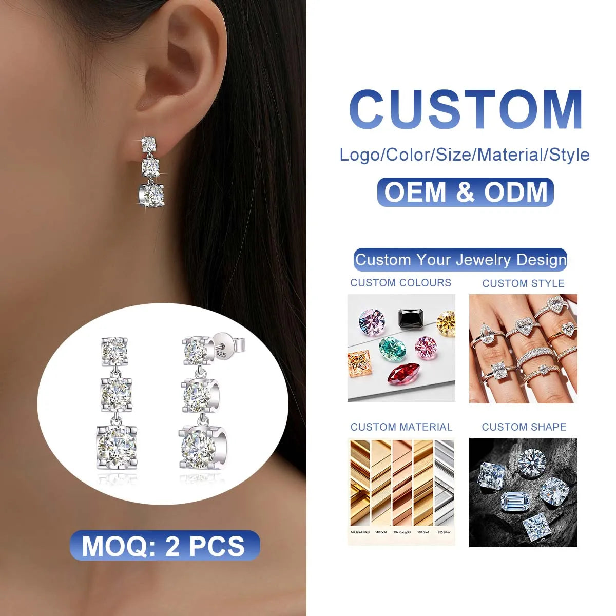 High Jewellery 925 Sterling Silver 3 Stone Round Moissanite Diamond Square Long Fine Earrings