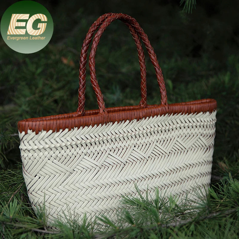 Emg6772 Beach Raffia Shoulder Cnot Zipper Made Women Woven Leather Bags Big Genuine Cowhide Cheap Handmade Hand Ladies Tote Bag