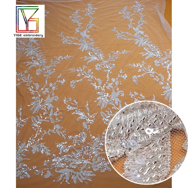 Luxury French Lace Fabric Glitter Crystal Sequin and Silver Beaded Lace Fabric for Dress Lace Fabric for Women